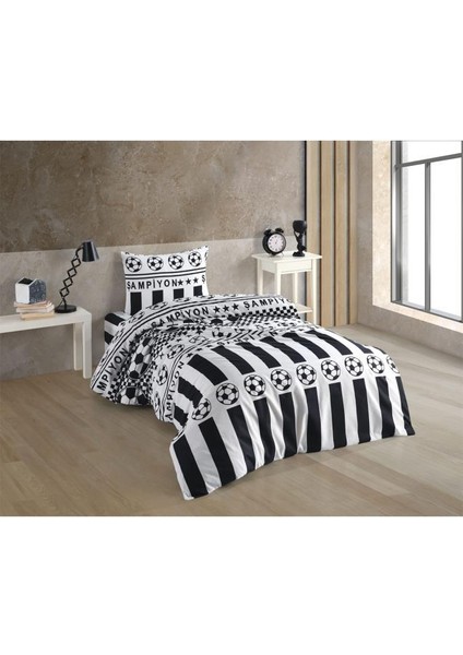 Siyah Beyaz Taraftar Desenli Tek Kişilik Nevresim Takımı modelleri