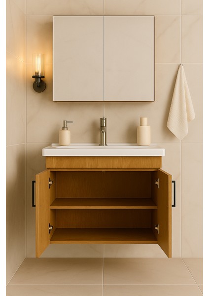 Luna 65 cm Camlı Üst Modül ve Seramik Lavabolu, Mdf Banyo Dolabı Takımı fiyatları