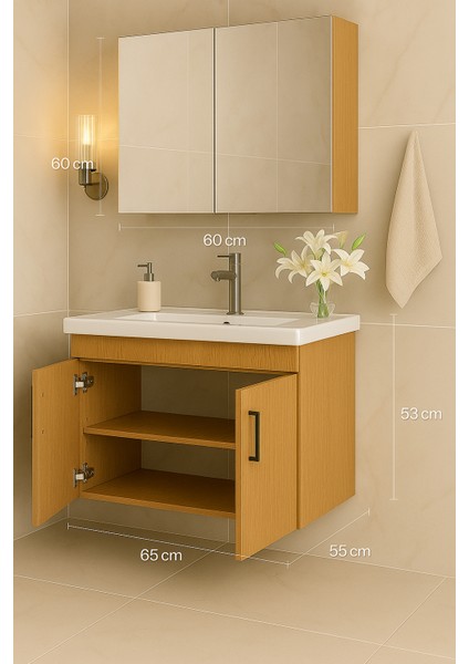 Luna 65 cm Camlı Üst Modül ve Seramik Lavabolu, Mdf Banyo Dolabı Takımı modelleri