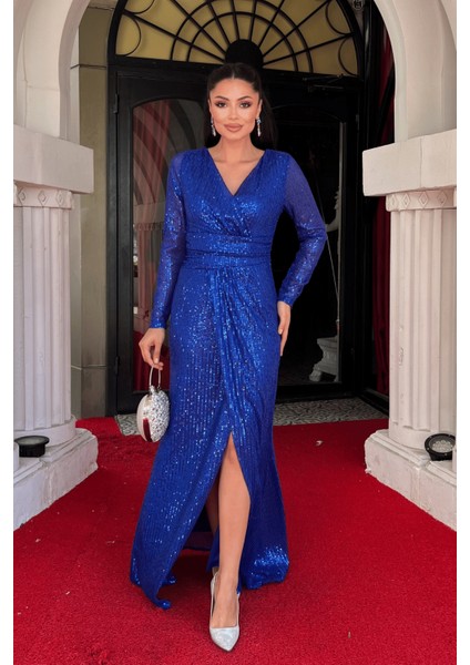 Pul Payet Kumaş Kruvaze Yaka Abiye Elbise - Saks Mavi fiyatları