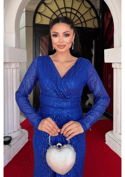 Pul Payet Kumaş Kruvaze Yaka Abiye Elbise - Saks Mavi modelleri