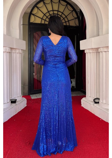 Pul Payet Kumaş Kruvaze Yaka Abiye Elbise - Saks Mavi indirimleri