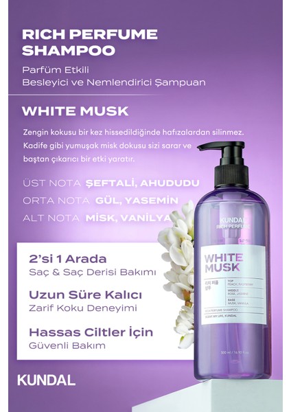 Parfüm Etkili Besleyici ve Nemlendirici Şampuan Kundal Rich Perfume Shampoo 500ML (White Musk) fiyatları