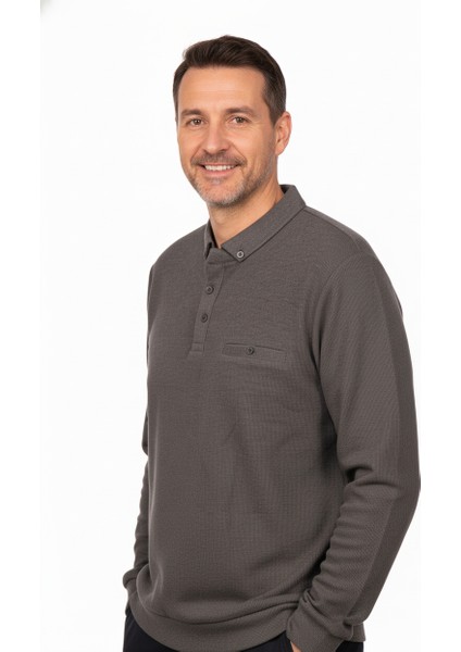 Erkek Kışlık Kazak Polo Yaka Oxford Fleto Cepli Dokulu Rahat Kesim Tam Kalıp