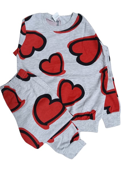 Kızçocukuzunkollukırmızı Kalpdetaylıgri Pijamatakımı