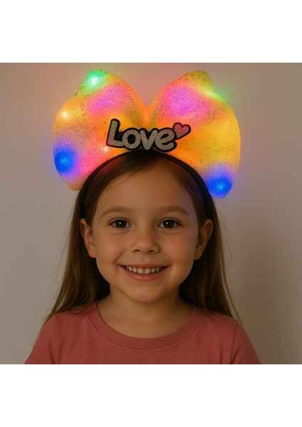 Resveq LED Işıklı Love Yazılı Sarı Fiyonk Taç – Kız Çocuk Parti Tacı