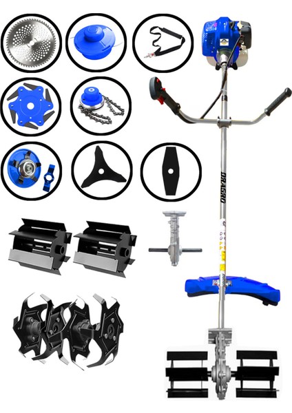 Profesyonel 9 Parça 2 Zamanlı Yan Tipi Benzinli Motorlu Tırpan Ot Çim Biçme Kesme Makinesi Çift Çapa