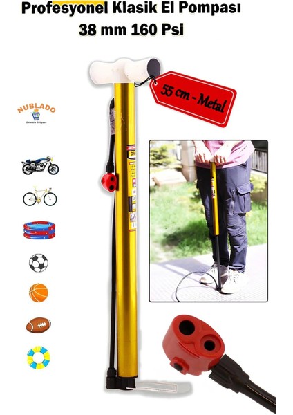 Klasik Bisiklet Pompası 55 cm Pratik El Tipi Ayak Tutamaklı Metal Borulu Top Lastik Şambrel Şişirme.