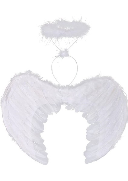 Resveq Beyaz Renkli Tüylü Bebek Melek Kanadı ve Tacı 30X45 cm