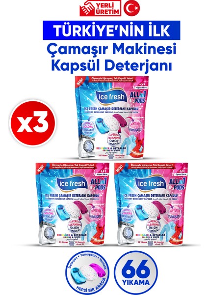 Ice Fresh 3'lü Çamaşır Makinesi Deterjanı Kapsül 3’ ü 1 Arada Jel Form 66 Yıkama Yerli Üretim Kalıntı Bırakmaz