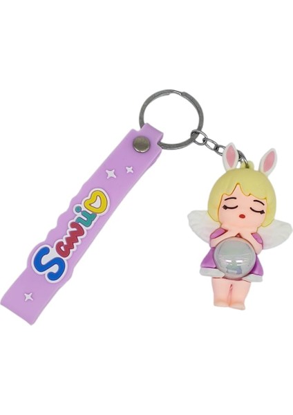 Figürlü ve Işıklı Silikon Anahtarlık - Kız Figür - Mor