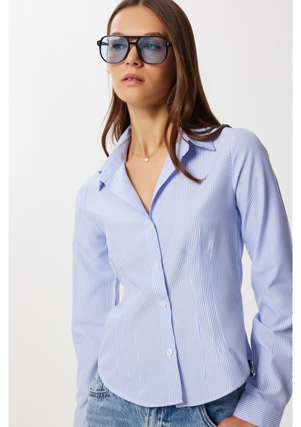 Bel Oturmalı Çizgili Dokuma Gömlek LDZ0058 Gök Mavi Beyaz