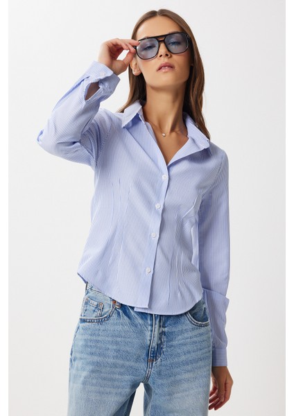 Bel Oturmalı Çizgili Dokuma Gömlek LDZ0058 Gök Mavi Beyaz fiyatları