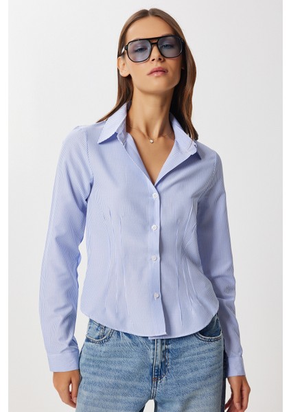 Bel Oturmalı Çizgili Dokuma Gömlek LDZ0058 Gök Mavi Beyaz modelleri