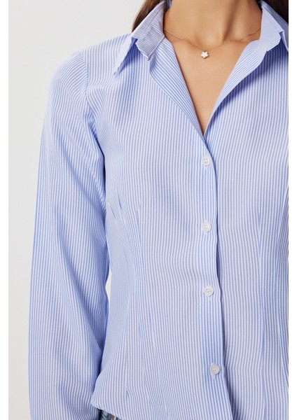 Bel Oturmalı Çizgili Dokuma Gömlek LDZ0058 Gök Mavi Beyaz fırsatları