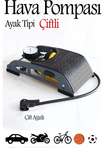 Ayaklı Tipi Hava Pompası Göstergeli Kilitli Çiftli Hava Depolu Teker Araç Bisiklet Pompası Mft.
