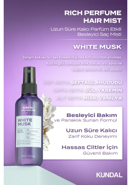Parfüm Etkili, Besleyici Saç Misti Kundal Rich Perfume Hair Mist 100ML (White Musk) fiyatları