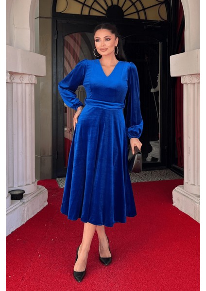 Kadife Kumaş V Yaka Midi Elbise - Saks Mavi fiyatları