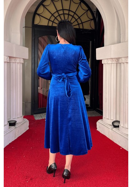 Kadife Kumaş V Yaka Midi Elbise - Saks Mavi indirimleri