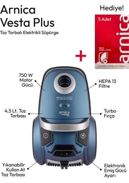 Vesta Plus ET14130 Yıkanabilir/kullan At 4,5lt Toz Torbalı Süpürge 750W Turbo Fırçalı-Hepa 13 Mavi + Toz Torbası Hediyeli