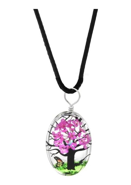 El Yapımı, Kurutulmuş Çiçekli Oval Tasarım Epoksi Hayat Ağacı Kolye