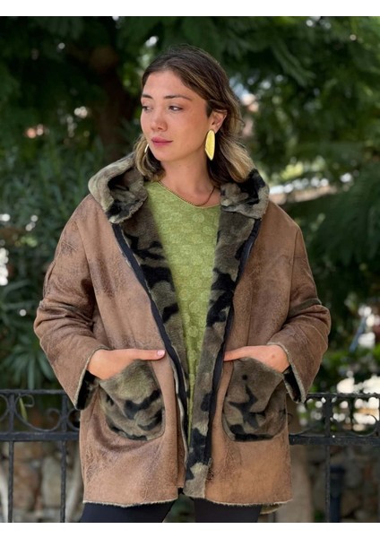 LS1830 Italyan Kamuflaj Kürklü Fermuarlı Kısa Nubuk Kaban Camel