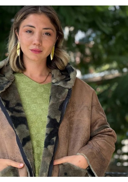 LS1830 Italyan Kamuflaj Kürklü Fermuarlı Kısa Nubuk Kaban Camel fiyatları