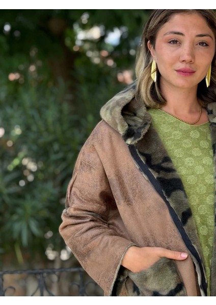 LS1830 Italyan Kamuflaj Kürklü Fermuarlı Kısa Nubuk Kaban Camel modelleri