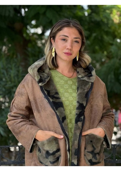 LS1830 Italyan Kamuflaj Kürklü Fermuarlı Kısa Nubuk Kaban Camel fırsatları