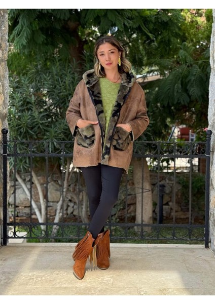 LS1830 Italyan Kamuflaj Kürklü Fermuarlı Kısa Nubuk Kaban Camel