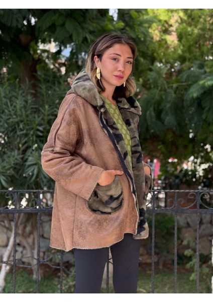 LS1830 Italyan Kamuflaj Kürklü Fermuarlı Kısa Nubuk Kaban Camel