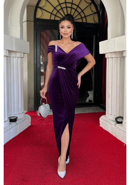 Kadife Kumaş Taş Detaylı Abiye Elbise - Patlıcan Mor fiyatları