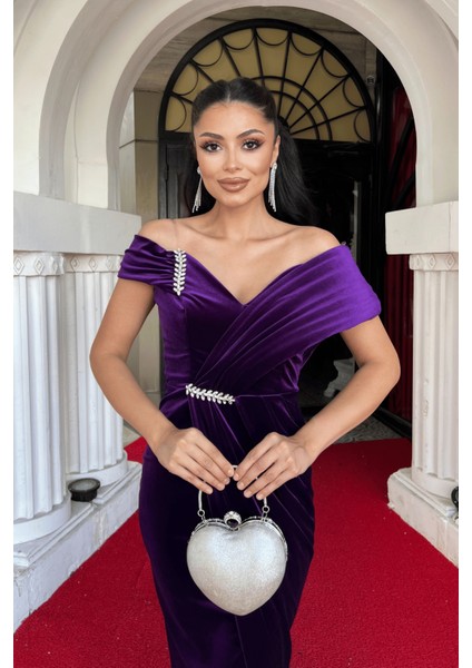 Kadife Kumaş Taş Detaylı Abiye Elbise - Patlıcan Mor fırsatları