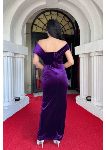 Kadife Kumaş Taş Detaylı Abiye Elbise - Patlıcan Mor indirimleri