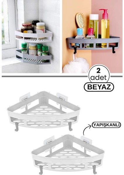 2 Adet Yapışkanlı Köşeli Raf, Vidalama Gerektirmeyen Banyo Duş Şampuan Mutfak Baharat Rafı Beyaz