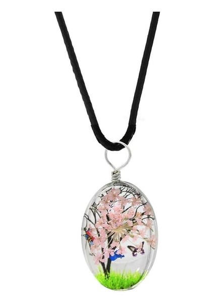 El Yapımı, Kurutulmuş Çiçekli Oval Tasarım Epoksi Hayat Ağacı Kolye