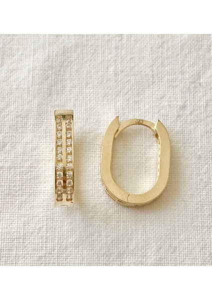 Sıra Taşlı Oval Altın Halka Küpe indirimleri