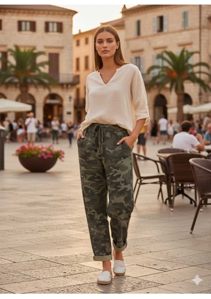 LS7312 Kamuflaj Desenli Likralı Italyan Coton Pantolon Haki