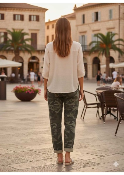 LS7312 Kamuflaj Desenli Likralı Italyan Coton Pantolon Haki fırsatları