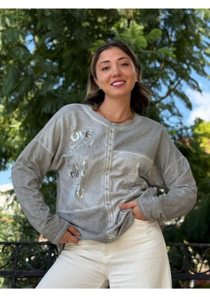 NC53761 Italyan Yazılı ve Taşlı Coton Sweatshirt Gri modelleri