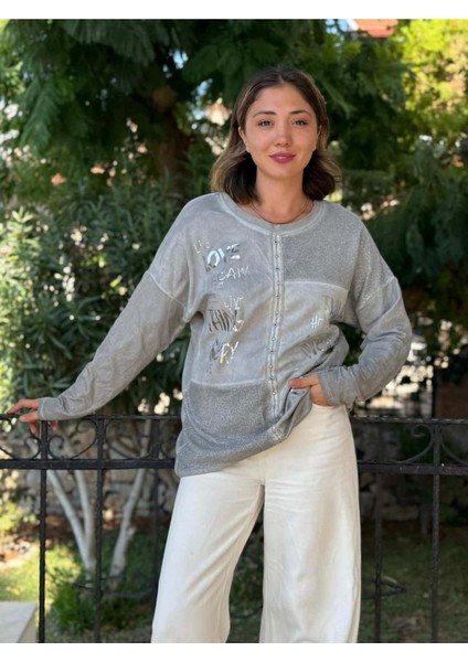 NC53761 Italyan Yazılı ve Taşlı Coton Sweatshirt Gri