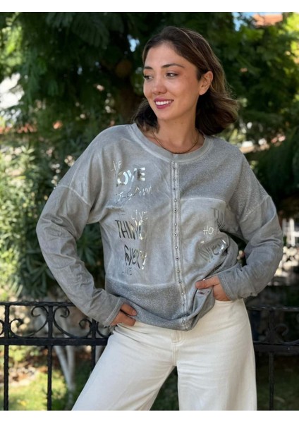 NC53761 Italyan Yazılı ve Taşlı Coton Sweatshirt Gri
