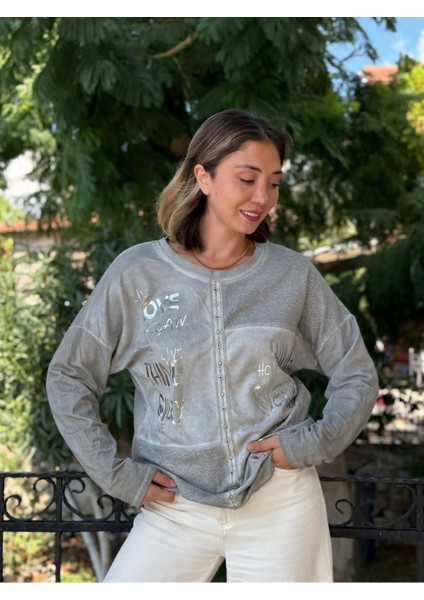 NC53761 Italyan Yazılı ve Taşlı Coton Sweatshirt Gri