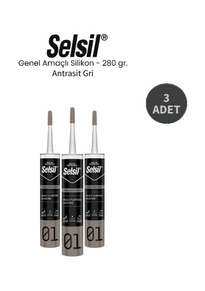 Genel Amaçlı Antrasit Gri Silikon 280 Gr. - 3 Adet