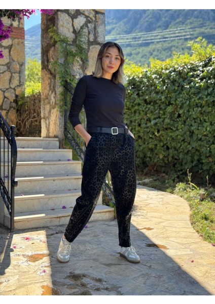 NC242976 Italyan Leopar Desen Deri Pantolon Siyah indirimleri