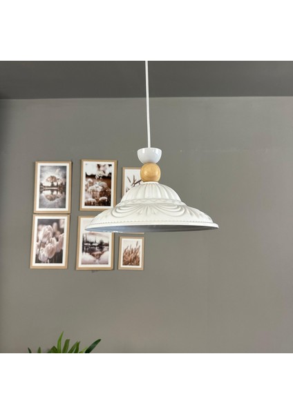 Ralivo Beyaz Metal Avize Tekli Ahşap Şapka Başlık Mutfak Modern Dekoratif Sarkıt Aydınlatma