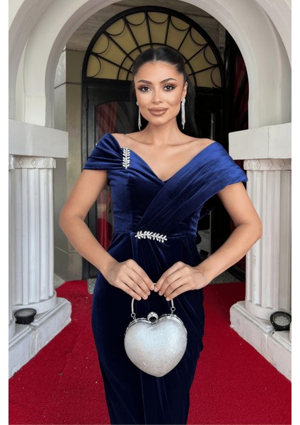 Kadife Kumaş Taş Detaylı Abiye Elbise - Lacivert modelleri