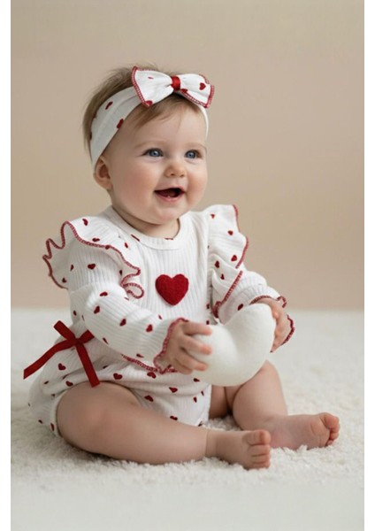 Kalp Desenli Kız Bebek Tulum ve bandana - Beyaz