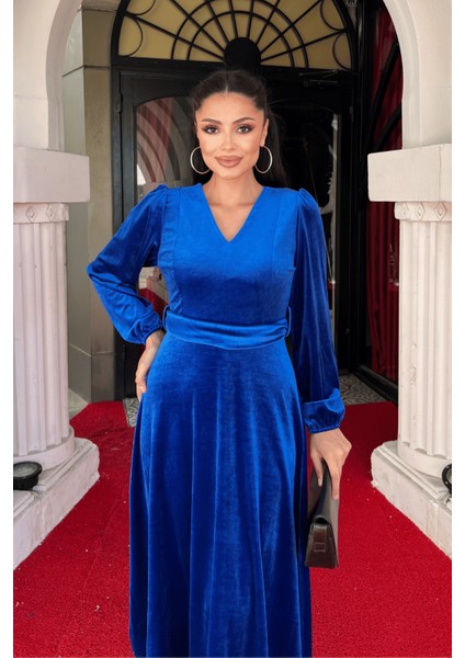 Kadife Kumaş V Yaka Midi Elbise - Saks Mavi modelleri