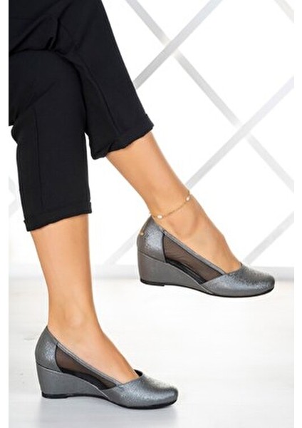 Kadın Dolgu Topuklu Ayakkabı Nano Fileli Antrasit Taban Kaymaz Tasarım indirimleri